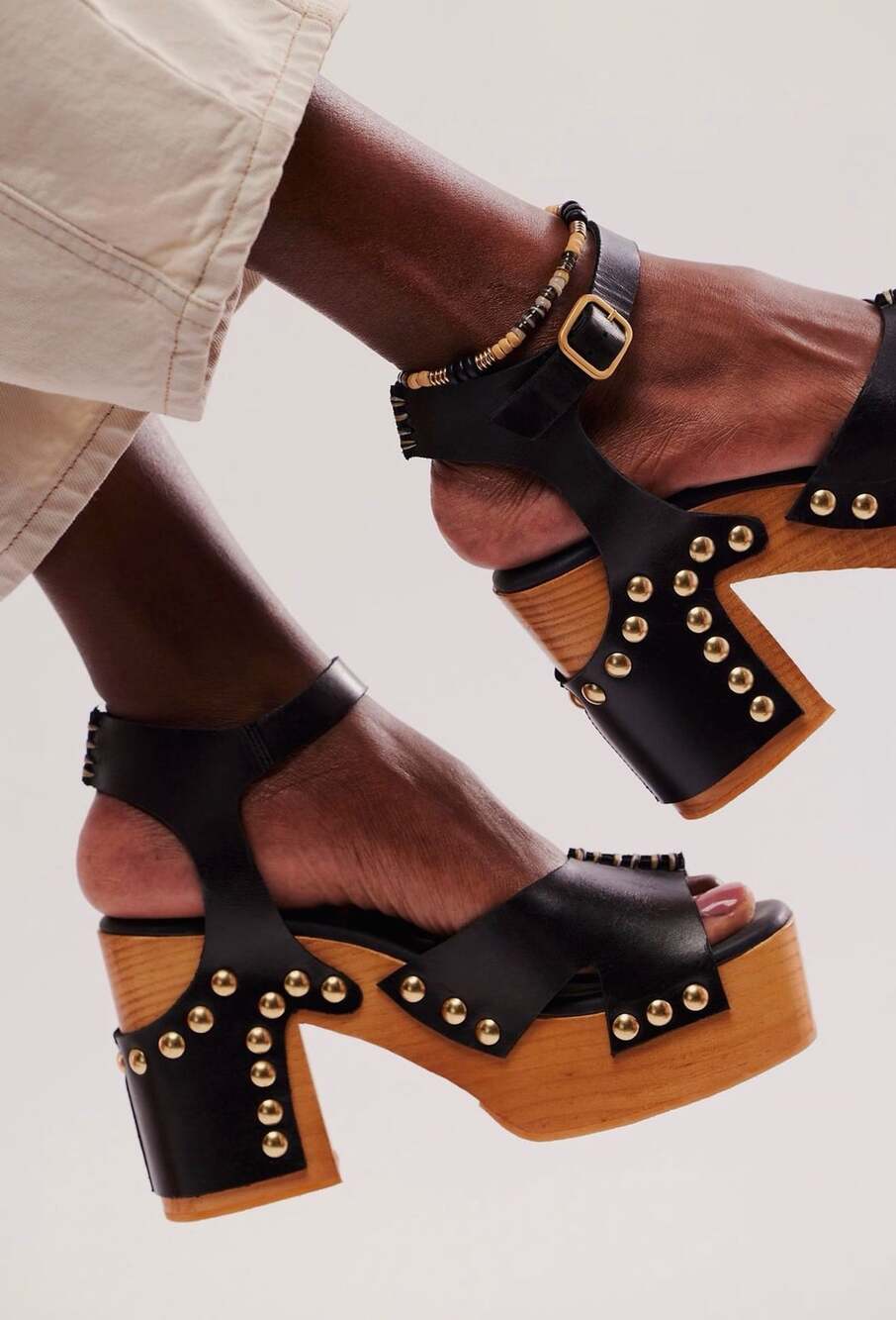 Free People Cecily Clogs Black Leather Studded Wooden Platform Sandal  Size 7.5